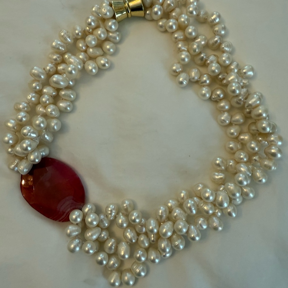 Three-strand Natural Pearl and Cobalto Calcite Cabochon Custom Necklace